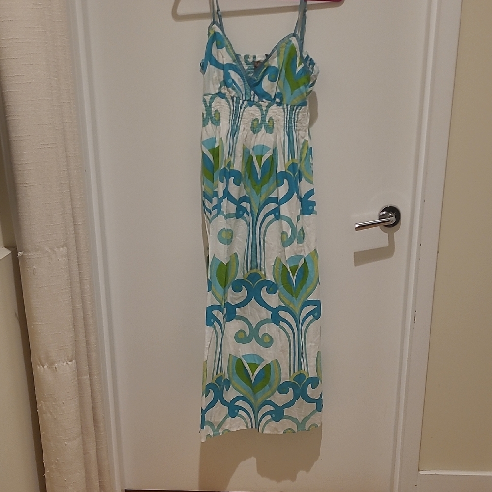 Fun Blue and Green Patterned Long Cotton Maxi Dress